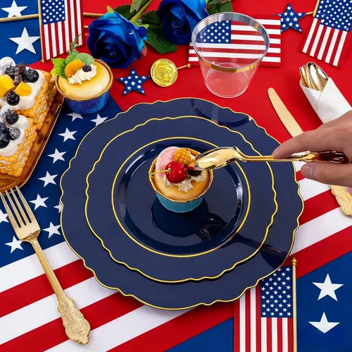 Miniatura 6 de Liacere 350 platos de plástico azul marino, platos desechables de color azul dorado, vajilla de plástico para 50 invitados, incluye 100 platos, 50
