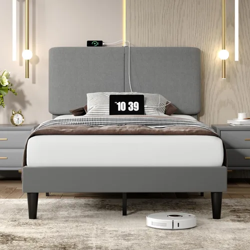 Miniatura 11 de VECELO Marco de Cama Matrimonial Tapizado Camas Plataforma con Cabecera de Algodón y Lino Ajustable en Altura, Listones de Madera Resistente, 6