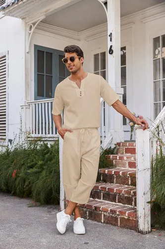 Miniatura 4 de COOFANDY Conjunto de 2 piezas de lino para hombre, camisa Henley de manga corta y pantalones capri harén, pierna ancha, holgados, pantalones de yoga