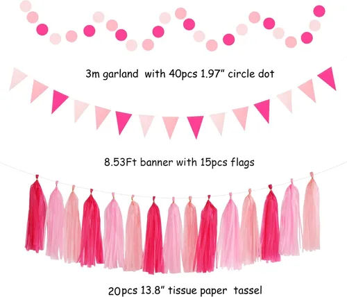 Miniatura 3 de Conjunto de decoraciones rosa intenso y rojo para fiestas - 33 piezas: Bandera, serpentinas, guirnalda con borlas, pompones de papel, panales