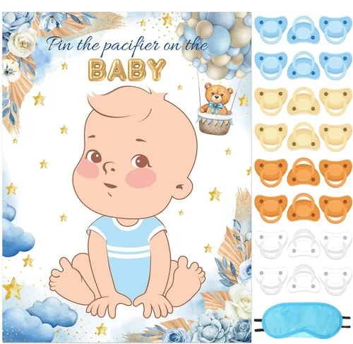 Miniatura 17 de Faccito Pin The Chupete - Juego de baby shower, decoración de fiesta de baby shower, incluye póster grande, 24 calcomanías para chupete, juego