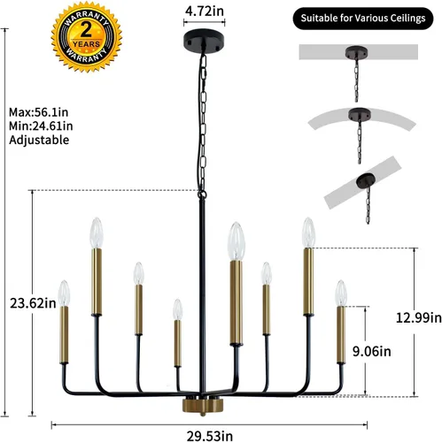 Miniatura 2 de Candelabro de 8 luces negras y doradas: candelabros estilo vela de 29.5 pulgadas con brazos de candelabro - Moderna lámpara de comedor de granja
