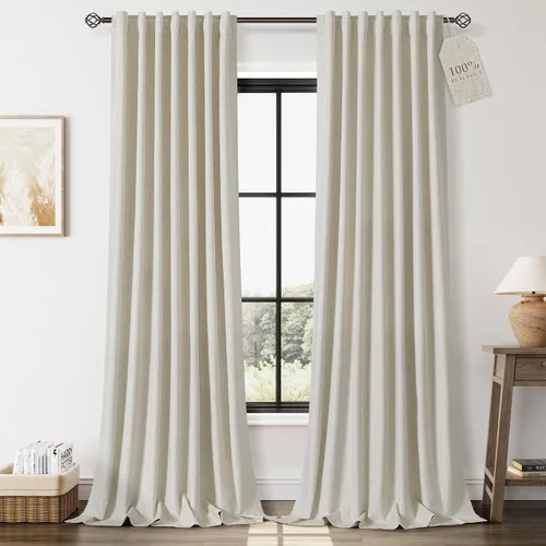 Miniatura 24 de Cortinas de lino 100% opacas para dormitorio, 102 pulgadas de largo, con pestaña trasera, bolsillo para barra, paneles acústicos con aislamiento