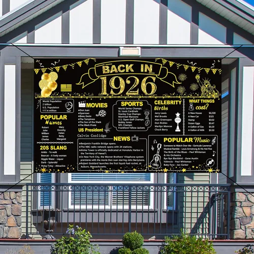 Miniatura 9 de DARUNAXY 100 cumpleaños de oro negro decoración de fiesta, pancarta de "Back in 1926" póster de fiesta de 100 años suministros, 6x3.6 pies gran