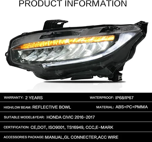 Miniatura 8 de VLAND Faros delanteros para Honda Civic de 10ª generación Sedan/Coupe/Hatchback/Type R 2016-2021