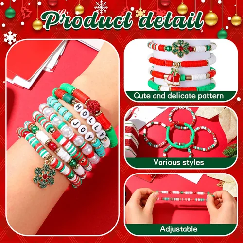 Miniatura 3 de Juego de 48 pulseras de Navidad apilables Heishi Surfer pulseras de Navidad con cuentas, pulseras de Navidad a granel para mujer, pulsera elástica