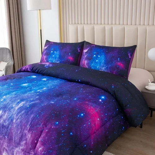 Miniatura 2 de NINENINE Juego de edredón de galaxia para niñas, tamaño individual, juego de edredón morado en una bolsa, juego de ropa de cama individual con 1