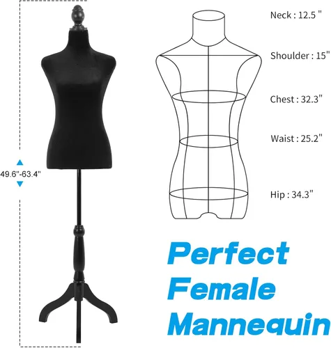 Miniatura 3 de Maniquí cuerpo vestido forma torso maniquí femenino 49.6-63.4 pulgadas maniquí con altura ajustable trípode de madera soporte para la exhibición
