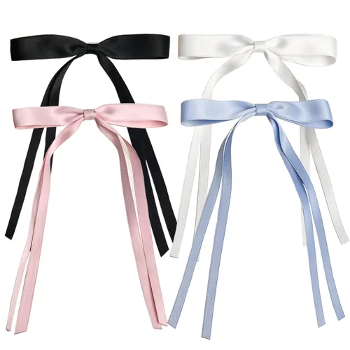 Miniatura 7 de Pinzas para el pelo con borla y cola larga, lazos de satén grandes para mujeres y niñas (azul+beige)