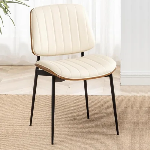 LUNLING Sillas de comedor modernas de mediados de siglo, silla retro beige de piel sintética con asiento tapizado de madera curvada de nogal, patas