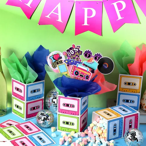 Miniatura 4 de 6 juegos de decoraciones retro de los años 80 para fiestas de los 80, centros de mesa retro de hip hop con caja de cinta de casete recortes y palos