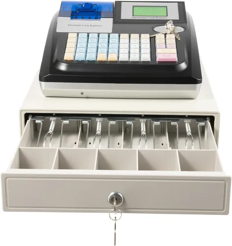 Caja registradora electrónica, caja registradora comercial de 48 llaves con pantalla LED y cabezal de impresora térmica, 4 billetes 5 monedas de