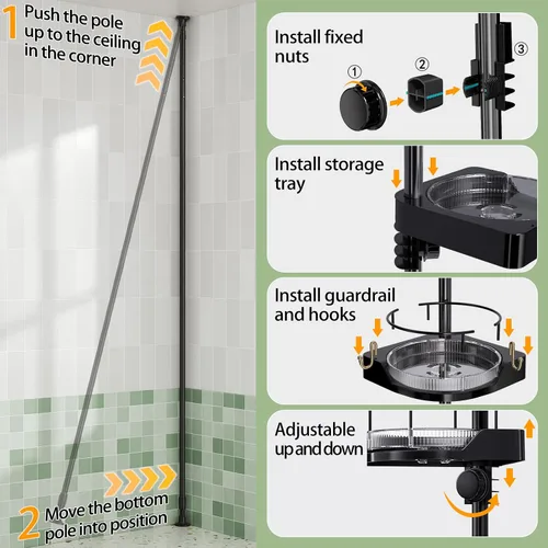 Miniatura 8 de shuang qing Organizador de Ducha de Esquina Giratoria de 360° con Poste de Tensión - Organizador de 4 Niveles Ajustable de Metal Resistente a