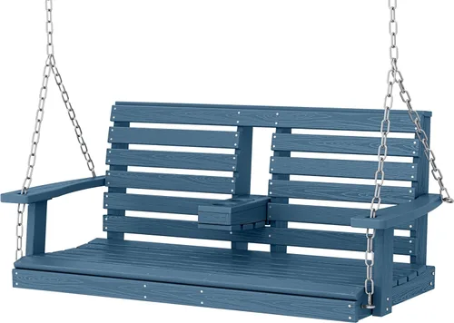 KINGYES Columpio colgante para porche al aire libre, silla de columpio de patio de 2 asientos con portavasos, banco impermeable para patio y jardín,