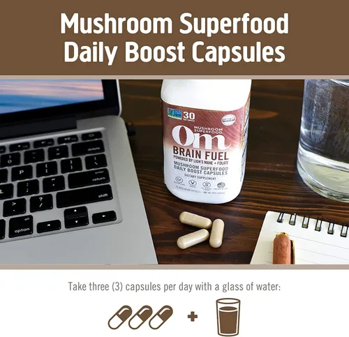 Miniatura 6 de OM MUSHROOM SUPERFOOD Brain Fuel - Cápsulas en polvo de hongos suplemento superalimentario, 90 unidades, 30 días, melena de león, mezcla de reishi
