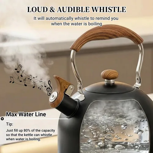 Miniatura 5 de Tetera para estufa, hervidor de té silbante de 2.5 cuartos de galón, estufa de acero inoxidable de grado alimenticio con mango plegable de madera