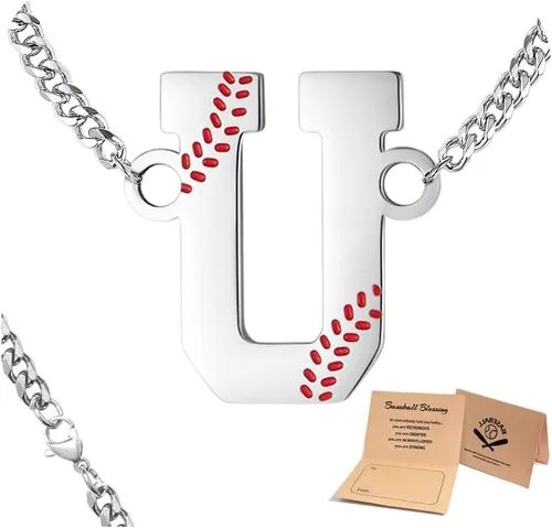 Miniatura 23 de QINJIEJIE Collar de béisbol inicial A-Z con letras, accesorios deportivos, colgante de encanto de béisbol, joyería de cadena de acero inoxidable 2-P