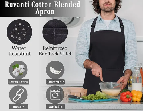 Miniatura 2 de RUVANTI Delantales de trabajo para hombres y mujeres con bolsillos, ajustables hasta XXL, durabilidad de grado profesional, delantal negro