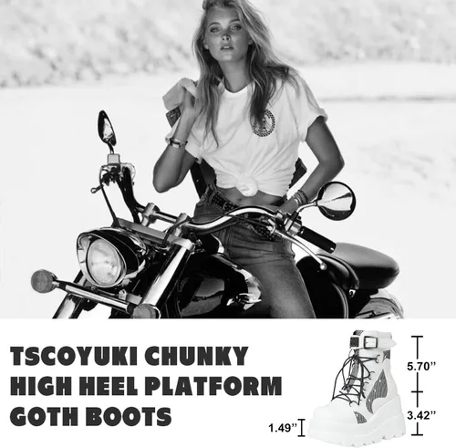 Miniatura 3 de Tscoyuki Botines de plataforma para mujer, botines de tacón alto gruesos, botas de combate góticas, botas de combate para mujer, con cordones, cuñas