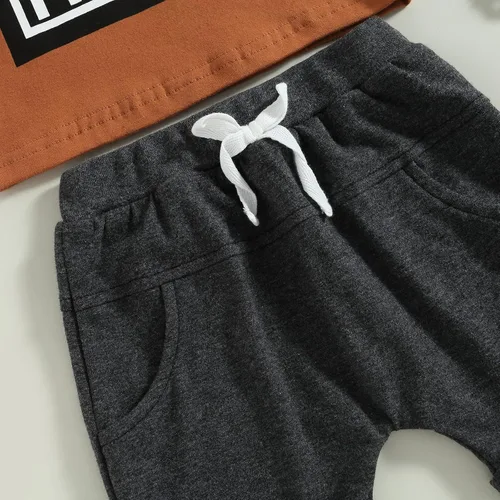 Miniatura 80 de Conjunto de traje de verano para bebé niño pequeño, manga corta, cuello redondo, letras impresas, lindo traje de verano, conjunto de 2 piezas