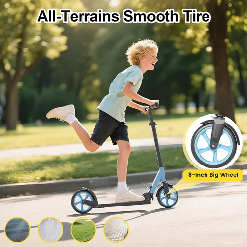 Miniatura 4 de SIMATE Patinete de impulso para niños, adolescentes y adultos, 4 alturas ajustables, ruedas grandes todo terreno de 8 pulgadas, plegable y ligero