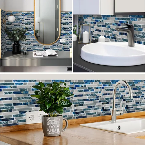 Miniatura 4 de 10 hojas para despegar y pegar para cocina, baño, azulejos azules de 12 x 12 pulgadas
