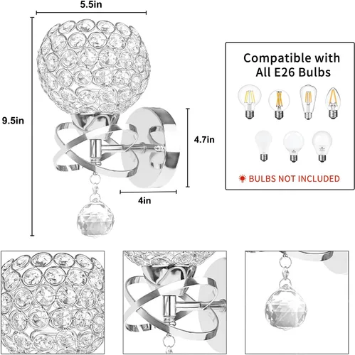 Miniatura 6 de TISLYCO Apliques de cristal plateado – Iluminación de pared moderna con bola de cristal colgante, lámpara de montaje en pared para dormitorio, sala