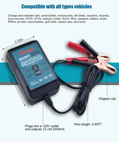 Miniatura 4 de Aowel Cargador de batería inteligente, 12 V 2 A, cargador de goteo totalmente automático y mantenedor para automóvil, cortacésped, ATV, motocicleta