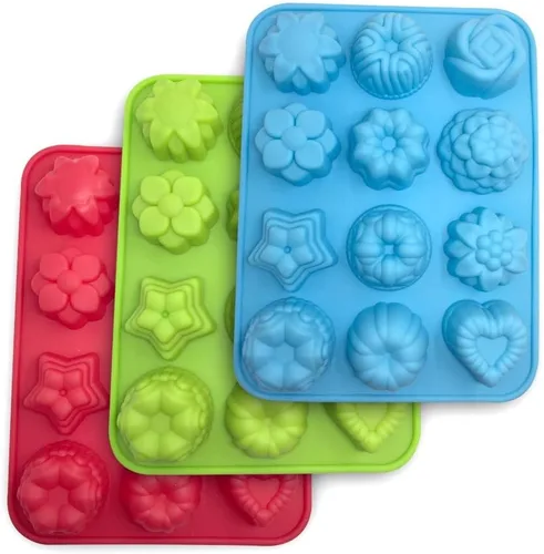 Paquete de 3 moldes de silicona para hornear, antiadherentes de 12 cavidades, magdalenas, chocolate, gelatina, pudín, caramelo, azul, verde, rojo