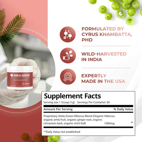 Miniatura 2 de Polvo de Amla y Té Verde - Suplemento de Superalimento con Hibisco, 20x Amla Ultra Concentrada, Apoyo Antioxidante, Hecho con Té Oolong y Grosellas