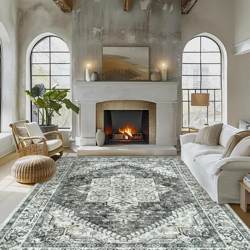 Alfombra de área para sala de estar: alfombra grande lavable a máquina de 9 x 12 pies, diseño bohemio vintage medallón suave, alfombra fina para