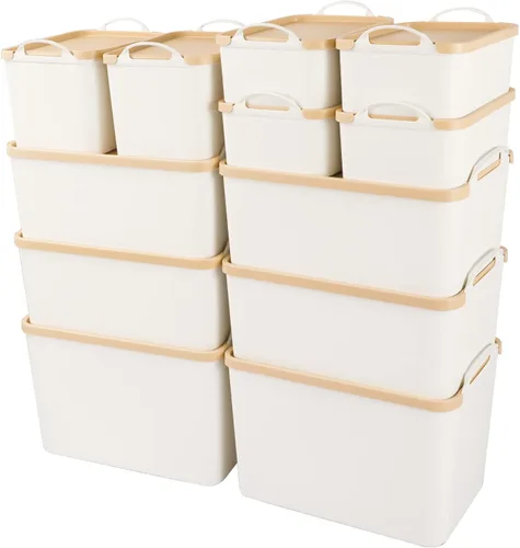 ANMINY 12 contenedores de plástico con tapas, grandes cajas de almacenamiento blancas para organización, cestas de almacenamiento de plástico con
