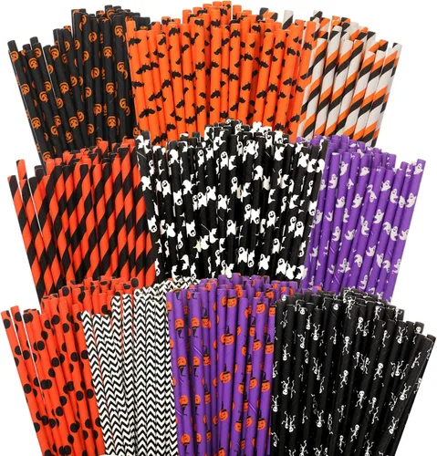 Miniatura 9 de 500 pajitas de papel de Navidad, 8 estilos, desechables, rojo y verde, rayas cheurón, bicolor, rayas, lunares, mezcla de pajitas para suministros