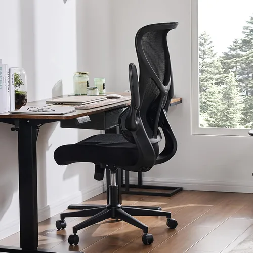 Silla de oficina ergonómica, silla de escritorio de malla con reposabrazos abatibles, soporte lumbar, respaldo alto para el hogar, oficina, Negro
