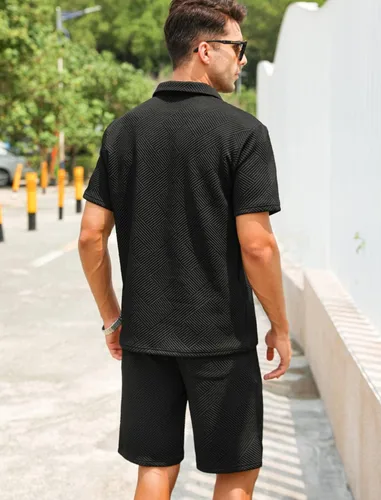 Miniatura 4 de EISHOPEER Conjunto de camisa polo y pantalón corto para hombre, trajes de verano a la moda con cremallera para hombre, manga corta, 2 piezas
