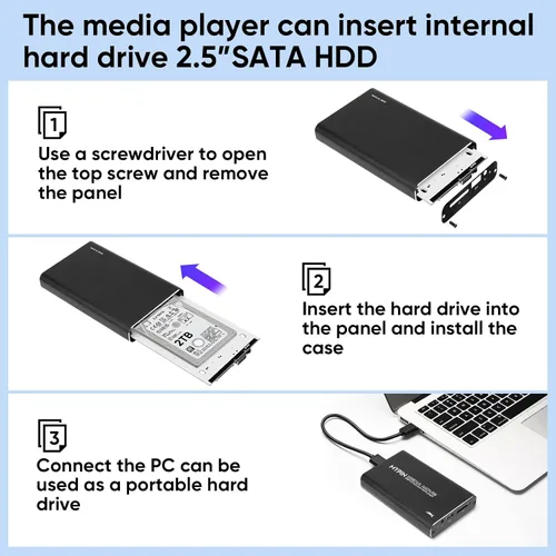 Miniatura 5 de 4K@30hz USB3.0 HDMI Media Player Soporte 2.5 "SATA HDD con HDMI/AV/salida óptica, reproductor MP4 H.265 portátil para videos/música/fotos desde