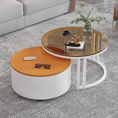 Couchtisch Rund 2er Set, Kreativer Runder Couchtisch Aus Glas mit Metallrahmen, Mit Stauraum für Kleine Räume Wohnzimmer Schlafzimmer Balkone mit B-