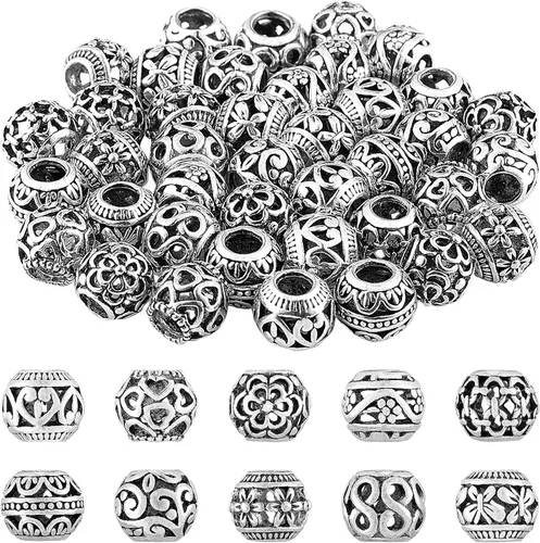 Hicarer 60 cuentas espaciadoras plateadas para hacer joyas de 0.394 pulgadas, cuentas de metal de agujero grande a granel, pequeñas filigranas