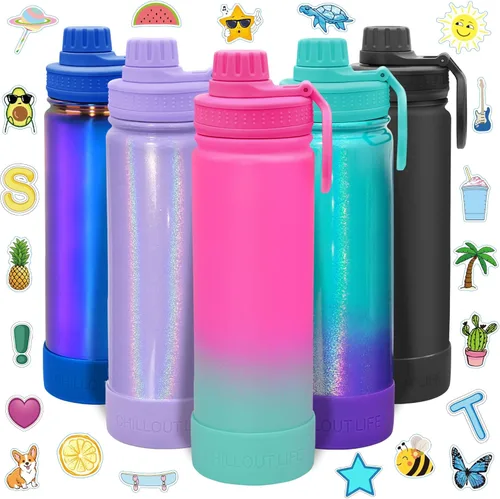 Miniatura 31 de CHILLOUT LIFE Botella de agua aislada para niños de 12 onzas para la escuela con tapa de boquilla a prueba de fugas y bonitas calcomanías Azul