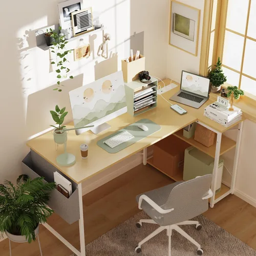 Miniatura 2 de TIQLAB - Escritorio pequeño de computadora con tomas de corriente, escritorio en forma de L de 40 pulgadas con estantes reversibles, escritorio