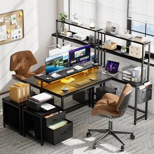 Miniatura 2 de REAHOME Escritorio en forma de L de 70 pulgadas con cajones de archivos y estantes de almacenamiento reversibles, escritorio de computadora con toma