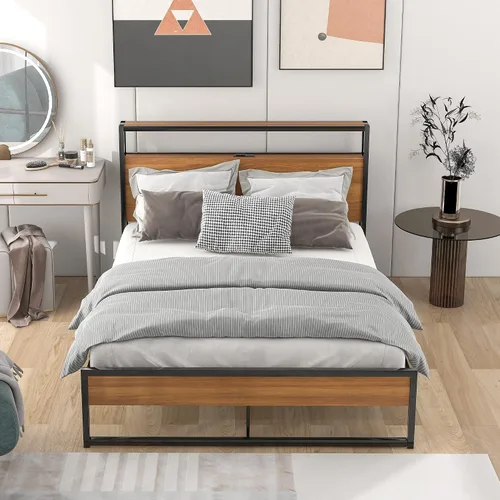 Miniatura 3 de VilroCaz Cama de plataforma de tamaño matrimonial con enchufes y puertos USB, marco de cama de plataforma de metal moderno con cajones, soporte