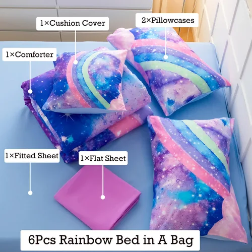 Miniatura 4 de ANGIYUIN Juego de Edredón Tie Dye Arcoíris Azul Tamaño Queen 6 Piezas Degradado con Purpurina Cama en una Bolsa para Niñas Juego de Ropa de Cama Tie