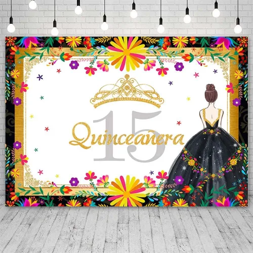 Miniatura 2 de AIBIIN Telón de fondo de quinceañera de 7 x 5 pies con temática mexicana de cumpleaños 15 para niñas, fondo de fotografía de princesa negro y dorado