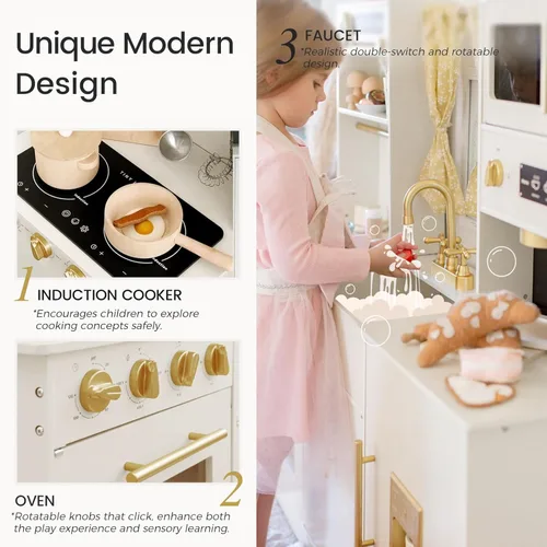 Miniatura 7 de Tiny Land Cocina de Juguete para Niños, Juego de Cocina de Juguete con Muchas Características de Juego, Nueva Cocina de Juguete de Madera Moderna