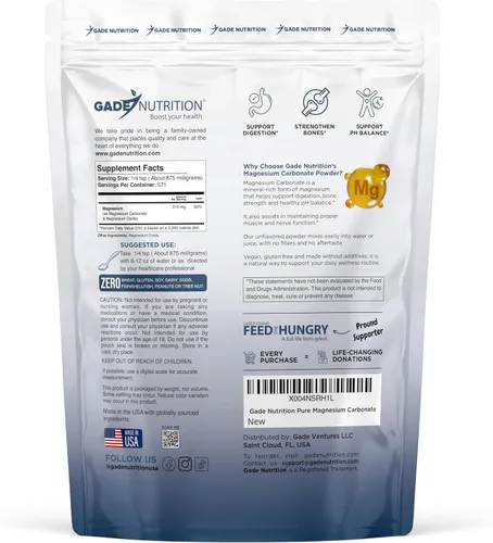 Miniatura 2 de Gade Nutrition - Polvo de carbonato de magnesio puro 17.64 oz, 875 mg por porción, 571 porciones Sin OMG, sin gluten, sin relleno, altamente