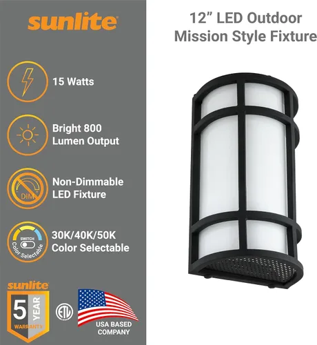 Miniatura 3 de Sunlite 81434 - Lámpara LED estilo misión de 12 pulgadas, aplique de pared de medio cilindro, seleccionable 3 CCT 3000K-5000K, 15 vatios, 800