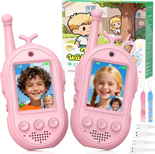 Miniatura 10 de Walkie Talkies de video para niños, paquete de 2, Walkies talkies para niños con cambiador de voz y efecto adhesivo, juguetes recargables de largo