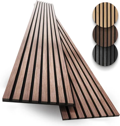 Paquete de 2 paneles de listones de madera acústica - Paneles de pared insonorizados para decoración de interiores Nogal natural.