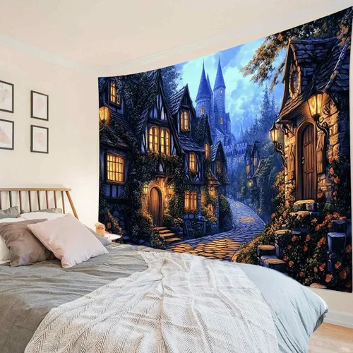 Miniatura 21 de LB Tapiz de cielo nocturno, luna llena en el mar, tapiz para colgar en la pared, tapiz de nube blanca de fantasía, tapiz de acuarela, arte de pared